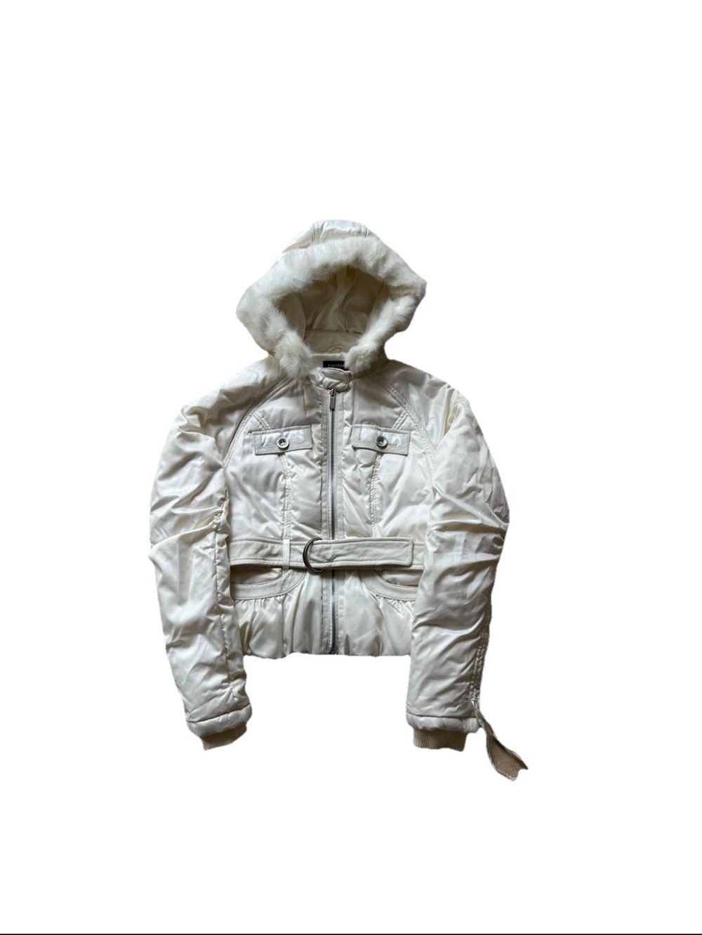 VTG Bebe Femme White Full Zip Fur Trimmed Hood Jacket Size Small Y2K